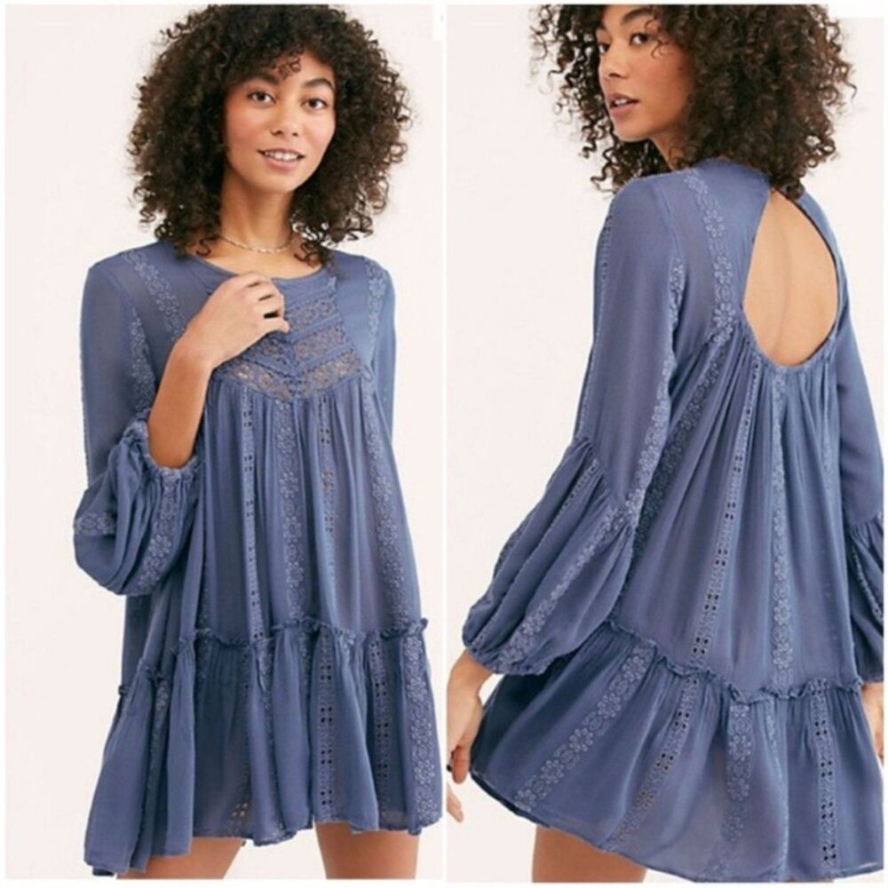 Free People Kiss Kiss Blue Embroidered Lace Tunic Dress L Boho Festival Fairy